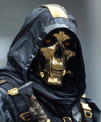 scary warrior from the future with a golden metalic skull mask 