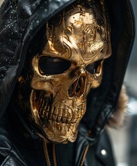 scary warrior from the future with a golden metalic skull mask 