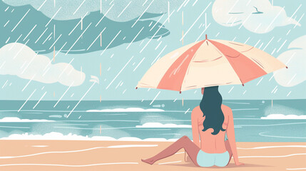 雨の降るビーチで泳げない女性のイラスト - obrazy, fototapety, plakaty