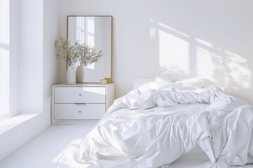 3D rendering of a white bedroom with white walls, a mirror and a white bedding on a comfortable bed, modern bedroom interior.