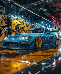fast sports sky blue drift race car in a garage with graffitti wall art