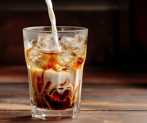 Iced coffee in glass on wooden background