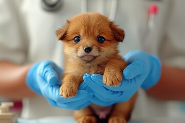 Naklejka premium Caring Veterinarian Examines Adorable Fox Pup