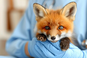 Fototapeta premium Precise Veterinary Inspection of Baby Fox by Skilled Hands