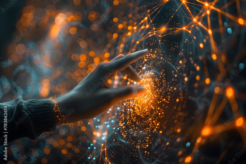 Poster conceptual image of a hand interacting with a neural network
