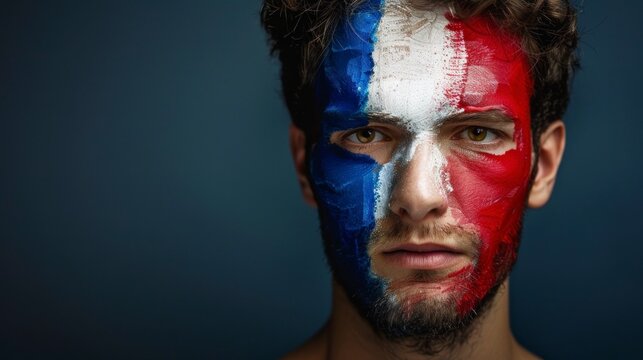 white man with his face painted with the flag of France in a study in high resolution and high quality