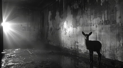  deer stands in a dark room, sunlight filters through window behind - obrazy, fototapety, plakaty