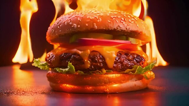 Close-up burger with fire flames on black dark background