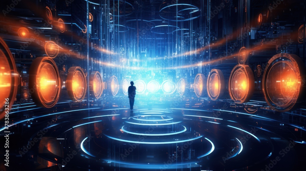 Poster big data and cybersecurity. data stream,a vibrant visualization of digital data flow
