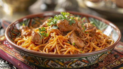 Rekhta is a traditional Algerian dish consisting of thin and flat noodles and chicken sauce. - obrazy, fototapety, plakaty