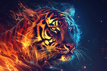 tiger with colorful fire on his body