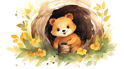 cheerful yellowish-brown  bear sits on a log and eats honey from a wooden birch bowl,autumn honey harvest forest