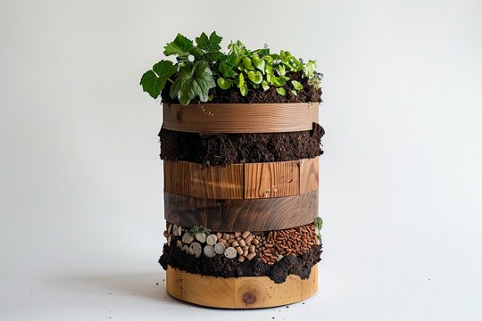 Compost Bin, A cute compost bin design with visible layers of organic waste turning into soil