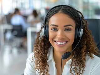 Woman working and attenting a customer call with a smile in a call center