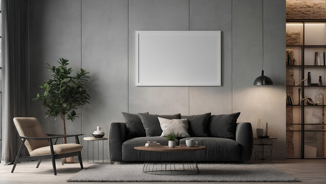 blank mockup frame hangs on the wall in a modern interior room design with simple modern furniture, depicted in 3D render style. illustration Generative AI