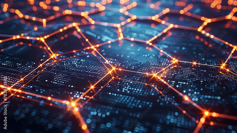 Poster a glowing network of interconnected geometric shapes, symbolizing the decentralized nature of blockc