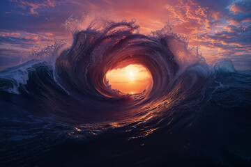 rolling, turbulent ocean waves at sunrise, with the waves majestically forming a brief, circular-like portal. The sun, positioned perfectly at the center of this natural opening, shines brightly. - obrazy, fototapety, plakaty
