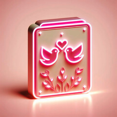 3D Rendering of a Pink Neon Greeting Card with Two Lovebirds and a Heart