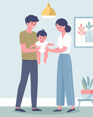 dad and mom holding baby in their arms in the room