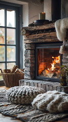Detail shot of a cozy fireplace in a rustic living room, scandinavian style interior