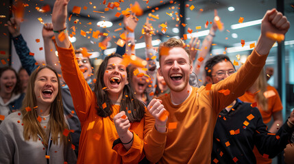 Fototapeta na wymiar Joyful Office Celebration, Team Success with Confetti Rain in Orange Jubilation