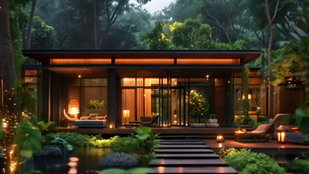 A forest house surrounded by trees during the night with large windows. Digitally generated image of a luxurious-style forest bungalow during the evening.