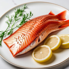 Red fish with lemon and greenery on the plate. 