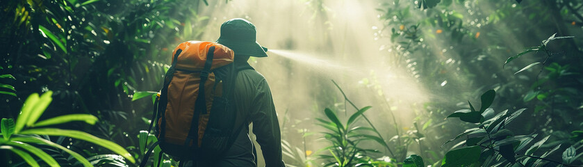 A hiker using a mosquito spray in a dense forest, the mist visibly forming a barrier that deters mosquitoes from approaching - obrazy, fototapety, plakaty