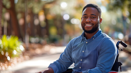 Optimistic Outlook: Cheerful Young Man in Wheelchair Enjoying the Autumn Park