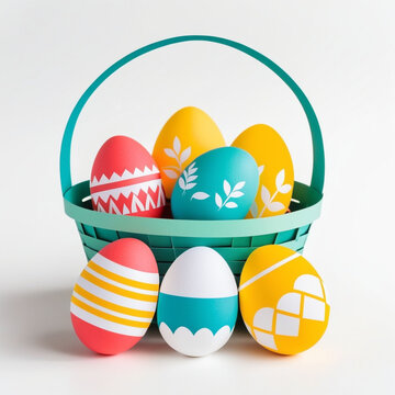 Colorful Easter eggs in a basket. White background, illustration. 