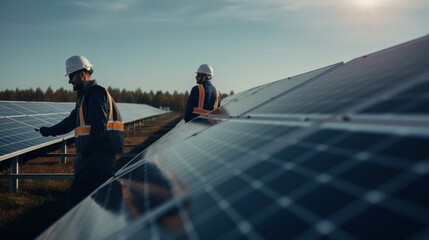 engineers are conducting outdoor inspection of solar photovoltaic panels 