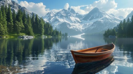 A tranquil mountain lake reflecting the snow-capped peaks above. Crystal clear water laps gently at the shore, where a lone wooden rowboat is moored. Lush pine forests surround the lake.3D rendering. - obrazy, fototapety, plakaty