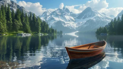 Fotobehang A tranquil mountain lake reflecting the snow-capped peaks above. Crystal clear water laps gently at the shore, where a lone wooden rowboat is moored. Lush pine forests surround the lake.3D rendering. © Eve Creative