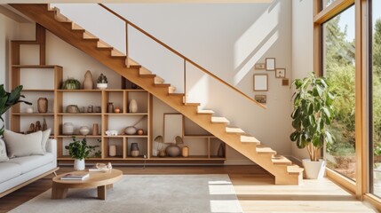 Interior design and decoration details, modern living room with wooden staircase.