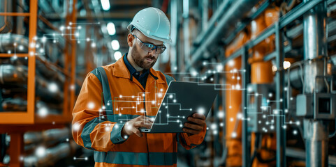 Engineer with laptop inspects industrial equipment, shallow depth of field, with technical drawings and holographic images projected in background. - Powered by Adobe