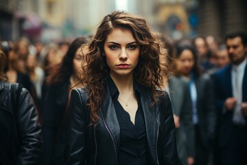 Confident female civil engineer with drawings on a busy construction site, showing leadership and experience in the field. Women's work and professionalism