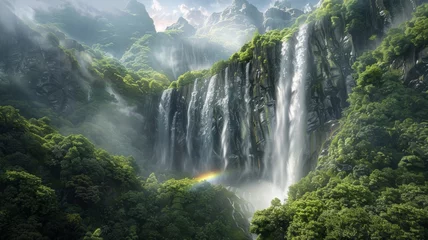 Fotobehang A majestic waterfall cascading down a lush green mountainside, shrouded in mist with a vibrant rainbow arcing across the spray.3D rendering. © Eve Creative
