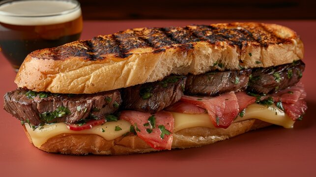   A steak sandwich atop a red table Nearby, a cup and a glass of beer
