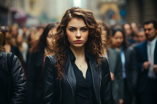 Confident female civil engineer with drawings on a busy construction site, showing leadership and experience in the field. Women&#039;s work and professionalism