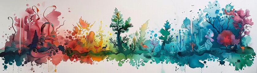 Enchantique imagine a mystical realm filled with whimsical creatures and enchanted forests  hand drawing , Water color on white backgound