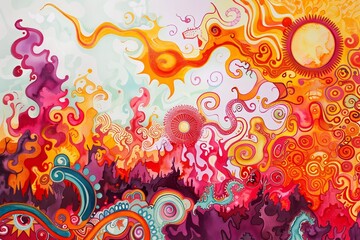 Flameecho a fiery landscape filled with bold, vibrant hues and swirling patterns  hand drawing , Water color on white backgound