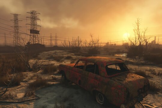 Twilight Desolation: A Rusting Relic in a Post-Apocalyptic Wasteland