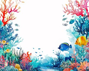 Fototapeta na wymiar An enchanting underwater scene of Oceanwhirl, with colorful coral reefs and schools of fish, framed by a vast expanse of blank space hand drawing , Water color on white backgound
