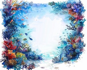 An enchanting underwater scene of Oceanwhirl, with colorful coral reefs and schools of fish, framed by a vast expanse of blank space  hand drawing , Water color on white backgound