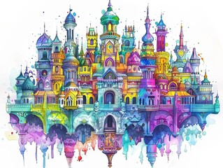 Obraz premium An intricate Dreamcastle adorned with intricate architecture and dreamlike motifs hand drawing , Water color on white backgound