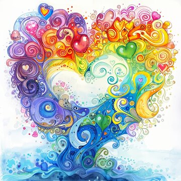A whimsical Heartwave made of swirling colors and heartshaped patterns  hand drawing , Water color on white backgound