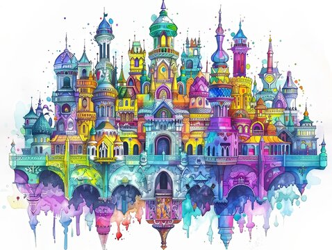 An intricate Dreamcastle adorned with intricate architecture and dreamlike motifs  hand drawing , Water color on white backgound