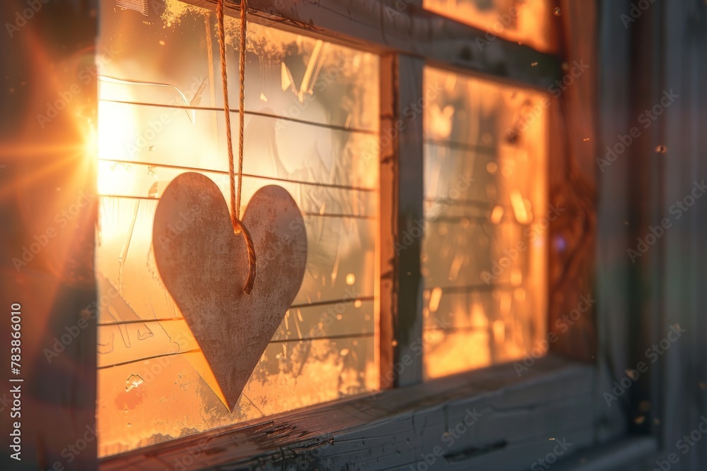 Poster a heart-shaped paper cutout hanging by a string on a rustic window frame. sunlight streams through t