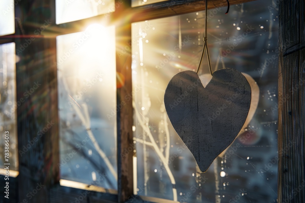 Poster a heart-shaped paper cutout hanging by a string on a rustic window frame. sunlight streams through t