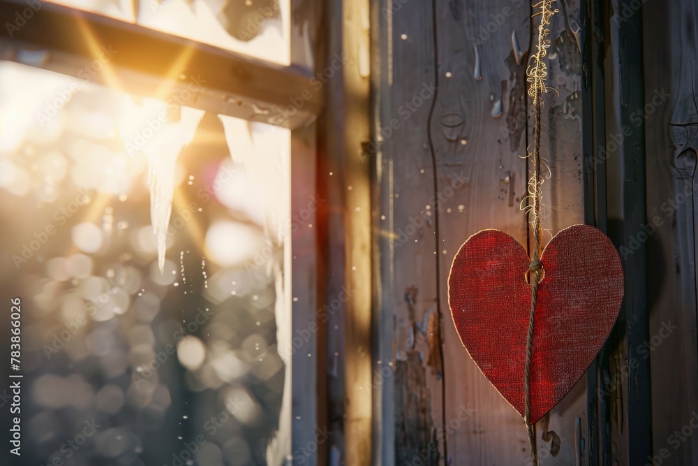 Poster a heart-shaped paper cutout hanging by a string on a rustic window frame. sunlight streams through t
